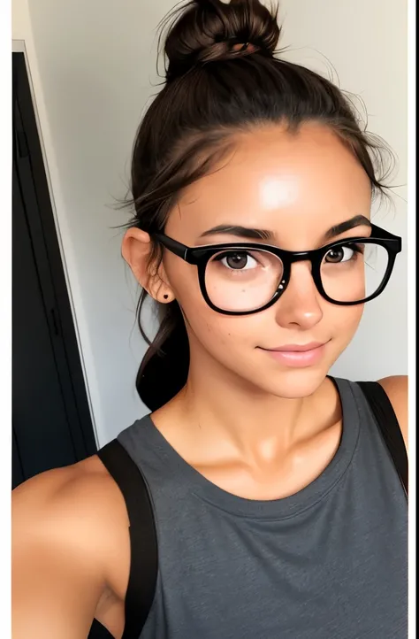 1girl. Tan skin, freckles on nose, freckles on cheeks, dark brown hair, wavy hair, hair bun, flat chested, loose T-shirt, black sweatpants, glasses, twenty years old, selfie, smartphone