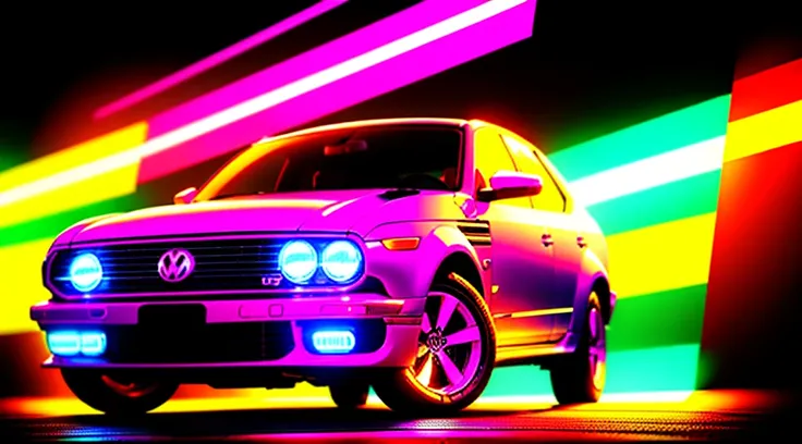 retrowave synthwave background with neon lights everywhere, main object- Volkswagen virus 2023