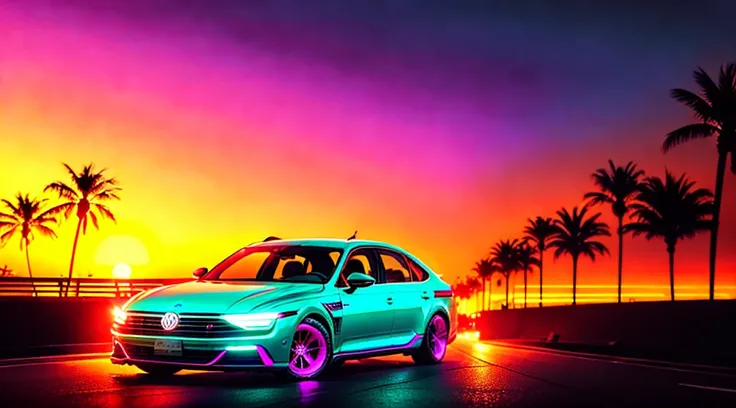 retrowave synthwave background with neon lights everywhere, main object- Volkswagen virus 2023