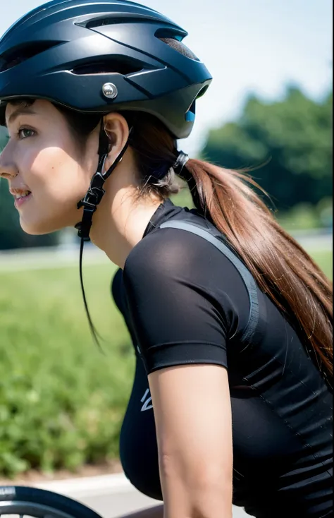 woman, roadcycle, helmet, black jersey, back