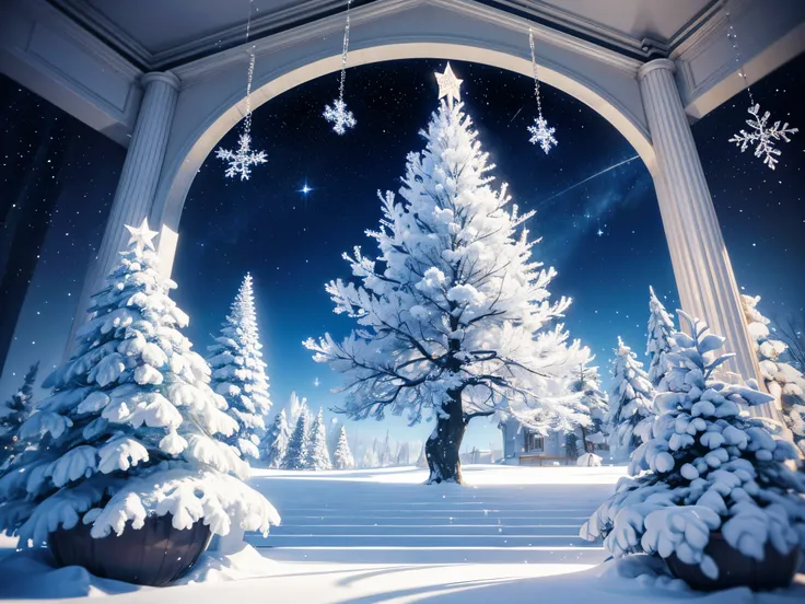 Craft a winter wonderland where the landscape is made of fractal ice crystals, and 3D Christmas ornaments hang from the frozen branches, creating a sparkling and surreal scene.