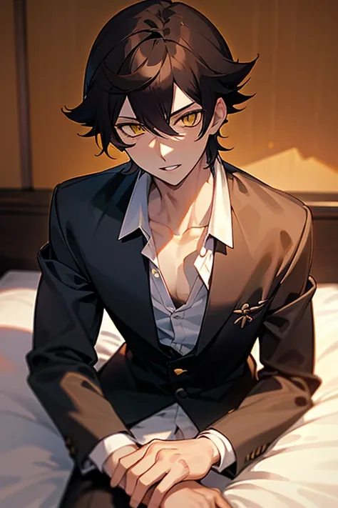 1 Boy, dark hair, gakuran, white shirt, black slacks, on sheets, Long Sleeve Shirts, Fascinating, evil smile,(parted lips),collarbone, sunset,{open collar}, tsurime, Yellow eyes, (background: on bed in bedroom), high quality, high resolution, masterpiece