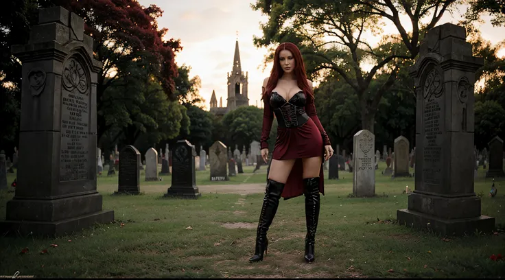 Bianca Beauchamp in red Vampirell and black boots posing in a cemetery, muito sexy diabo roupa, goddess of death in a graveyard, Elvira com roupas esfarrapadas, in a graveyard, behind her a gothic cathedral, skulls at her hips, rainha vampira, gothic maide...