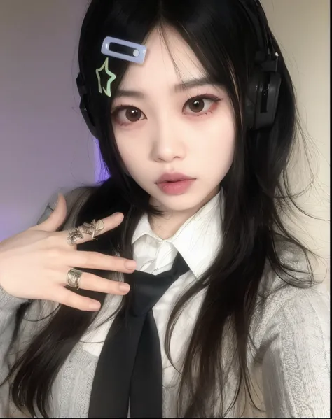 there is a woman with headphones and a tie, cruel korean goth girl, Ulzzang, 1 7 - year - old anime goth girl, com cabelos longos e olhos penetrantes, Menina anime na vida real, Estilo de Junji Ito, com olhos esclerais pretos, 1 7 - year - old goth girl, p...