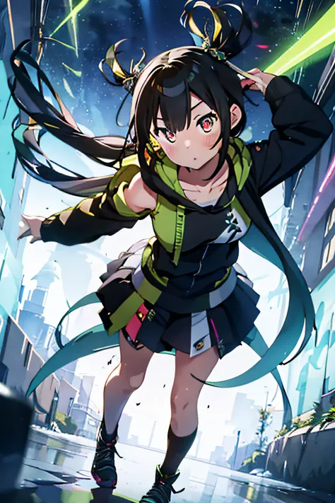 1girl), bottomless, anime style, polished and powerful look, huge breast, exotic, girl design, mara, portrait, giesha, anime image, with yellow green side tail long hair, showing shoulder, black and green punk hoodie, low angle, wide angle lens f/2.8, ultr...