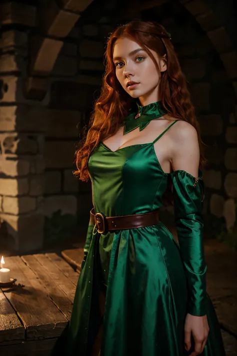 Marta Gromova (Ukrainian Model), curly red hair, beautiful green eyes, princess medieval dress, Sadistic feature, in a medieval dungeon