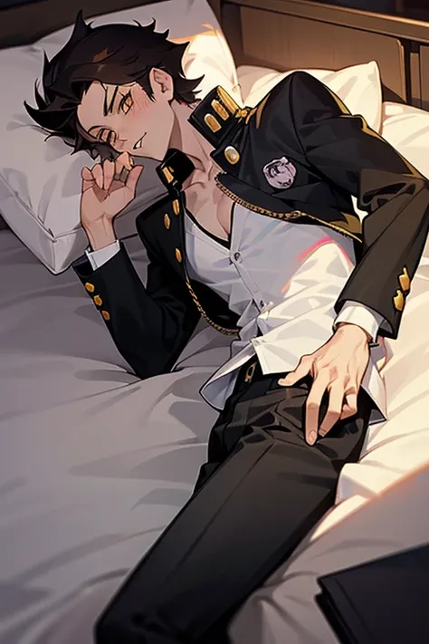 1 Boy, dark hair, ((gakuran)), white shirt, black slacks, on sheets, Long Sleeve Shirts, Fascinating, evil smile,(parted lips),collarbone, sunset,[open collar], tsurime, Yellow eyes, (background: on bed in bedroom), high quality, high resolution, masterpie...