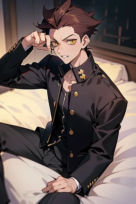 1 Boy, dark hair, ((gakuran)), white shirt, black slacks, on sheets, Long Sleeve Shirts, Fascinating, evil smile,(parted lips),collarbone, sunset,[open collar], tsurime, Yellow eyes, (background: on bed in bedroom), high quality, high resolution, masterpie...