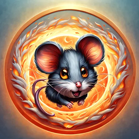 a mouse with a circular design on its face, with a circular background, vector art by Shen Zhou, shutterstock, digital art, digital art highly detailed, high definition background, ((mouse)), mouse of fire flying, digital painting highly detailed, high qua...