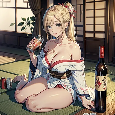 (bestquality,masterpiece), TsunadeNS, solo, japanese_clothes, breasts, large_breasts, kimono, cleavage, smile, lips, bare_shoulders, indoors, alcohol, bottle, sake_bottle, cup, holding, off_shoulder,