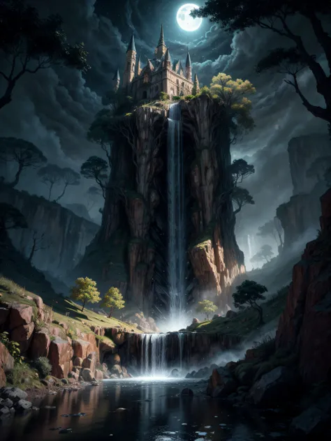 Paisaje de ciencia ficcion, luna, muchos arboles, una cascada de agua que cae del cielo, fantasy lighting, obra maestra, 8k, imagen nocturna, brillos espectrales, (((((terror)))))