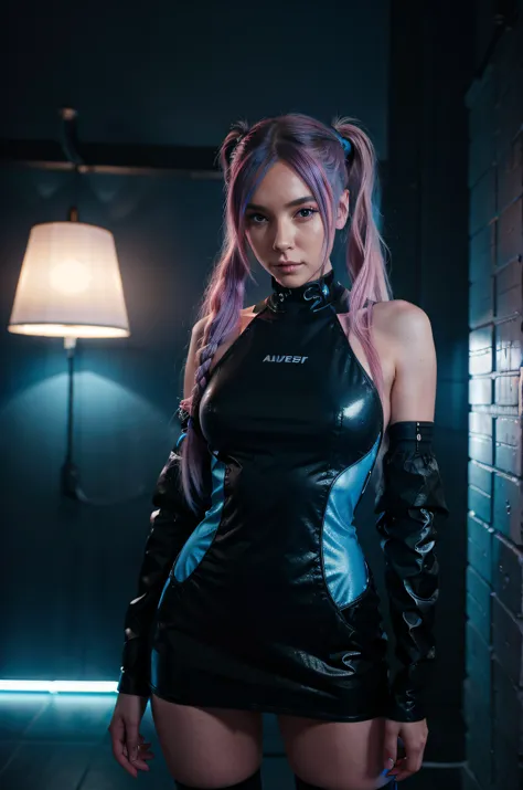 Girl with long blue and pink hair, tied in two ponytails, well-proportioned, Beautiful figure, in a luminous black dress with blue accents, stands, Leaning against the wall, with lamp, Futuristic interior, with cyberpunk elements, night time, neon lamps wi...