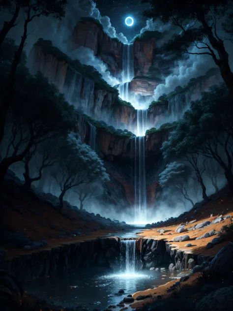 Paisaje de ciencia ficcion, luna, muchos arboles, una cascada de agua que cae del cielo, obra maestra, 8k, imagen nocturna, brillos espectrales, (((((terror))))), noche muy oscura, sombras de la luna, (((((lobos ahuyando)))))