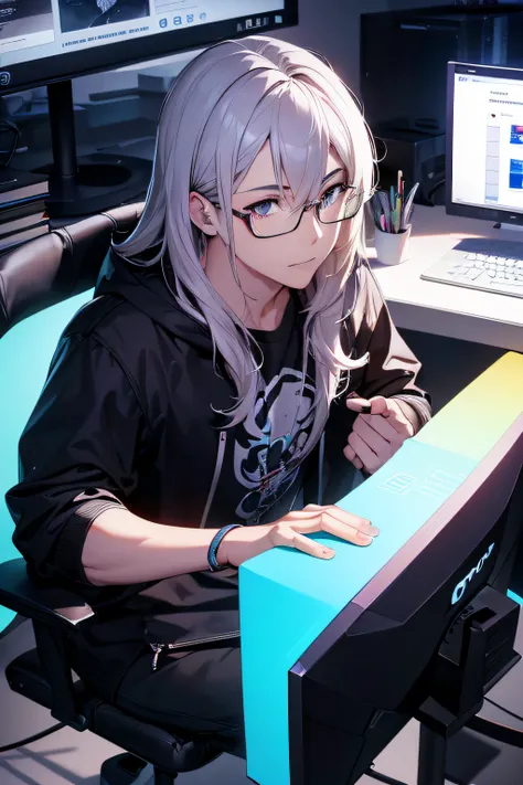 Produce an illustration of a young man with long wavy hair, de cor castanha, wearing prescription glasses, while sitting in front of a gaming computer. Be sure to incorporate RGB lighting accents around the room to create a vibrant ambiance., atmosfera mod...