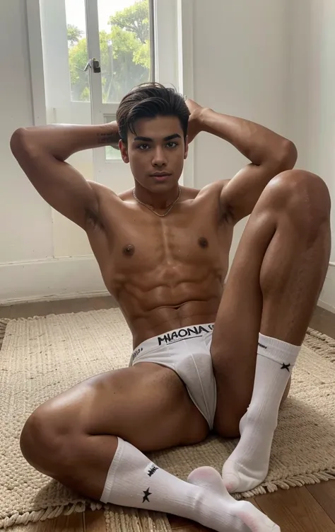 18-year-old boy, Latino, mexicano colombiano, venezolano, indigena, Bragas blancas envueltas, White soccer socks, sat on the floor, legs are open, sudar,desnudez，Abs, cara hermosa, piel morena y tersa , rough breath, Torogao, rubor en la nariz, rubor facia...