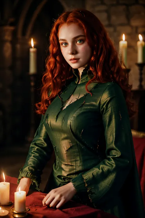 fair complexion, woman around 19 years old, natural curly red hair, green eyes, evil face, wearing kohl, slender and graceful, beautiful, candlelight in a medieval setting, ultra sharp focus, realistic shot, medieval female red clothes, tetradic colors, ((...