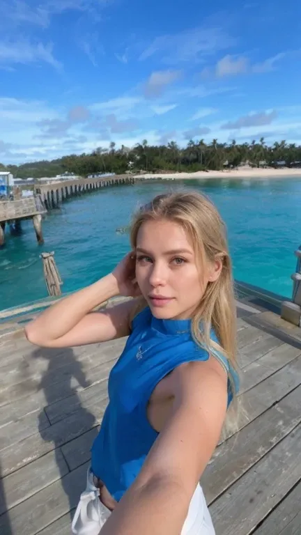 mulher arafa tirando uma selfie em uma doca com um oceano azul ao fundo, Maldivas em segundo plano, Yelena Belova, oceano ao fundo, paradise in the background, vacation photo, imagem de perfil, O oceano ao fundo, perto de um cais, Fotografia selfie 8k, com...