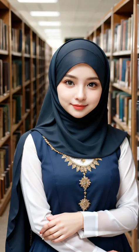 1 Girl, Beautiful, Russian Baby Face, 28 Years Old, White Skin, navy blue Hijab Gamis Muslim Outfit, Big Chest, looking to the camera, library Background, Wind))