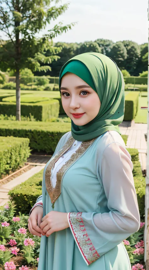 1 Girl, Beautiful, Russian Baby Face, 28 Years Old, White Skin, green Hijab Gamis Muslim Outfit, Big Chest, looking to the camera, garden Background, Wind))