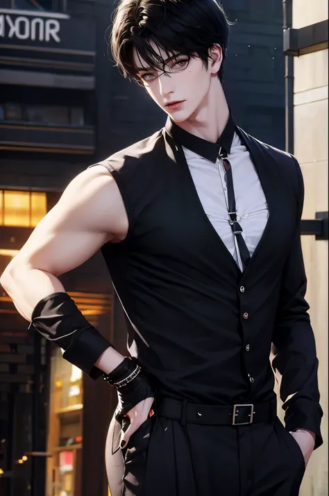 anime sexy man, black short hair, slacks, modern shirt, vibrant colors, shoulder harness