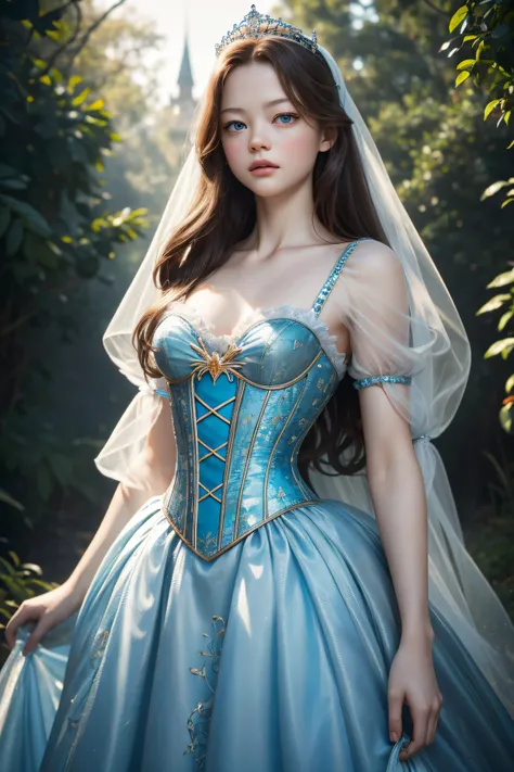 Mackenzie Foy, wearing cinderella tiara corset sexy clothes transparent. professionally retouched, soft lighting, realistic, smooth face, perfect eyes, sharp focus on eyes, 8 k, high definition, insanely detailed, intricate, elegant. in a natural backgroun...