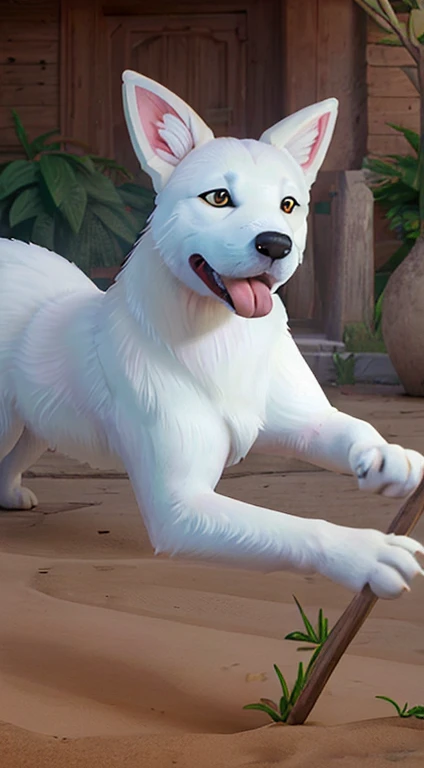 a poster of a small white shepherd with short white fur and light brown spots, alegre, con la lengua afuera, ambientado en un parque con dia soleado