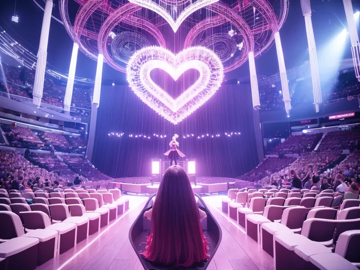 Create a futuristic concert hall where Cupid conducts a symphony of 3D hearts and roses, accompanied by fractal-generated music notes that resonate with the emotions of love.