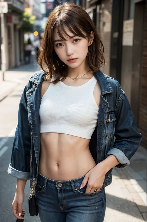((medium breasts, tomgirl, small head)), Daylight, Sunlight, (Chiseled abs : 1.1), (Perfect body : 1.1), (short wavy hair : 1.2) , reddish brown hair, Collar, chain, Full body shot, crowdedstreets, wearing black tanktop, Jeans Jacket, ((Highly detailed CG...