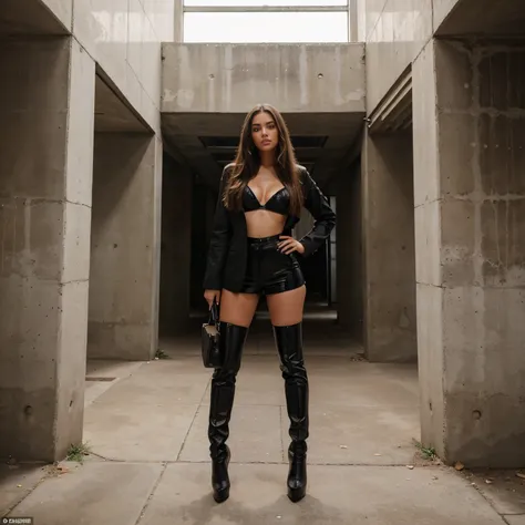 Create a stunning tanned, caucasian girl, 25 year old Instagram influencer with long straight brunette hair, and with a curvacious body with a small waist and thick thighs. Have her posed in a high fashion shoot, wearing thigh high heeled boots, a blazer a...