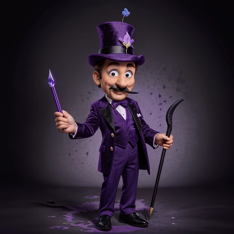 Cartoon style Walt Disney as a genie, wearing a purple velvet suit with black flowers on it, with a staff that has a purple pencil as the stone, and black angel wings, with a purple wizard hat