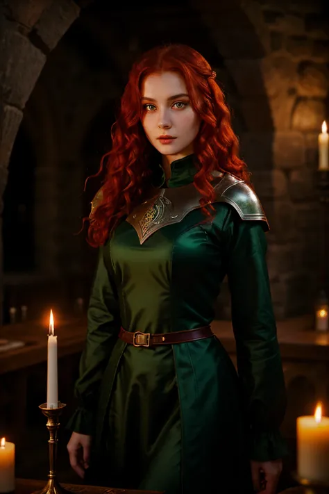 fair complexion, woman around 19 years old, holding a knife, natural curly red hair, green eyes, evil face, wearing kohl, slender and graceful, beautiful, candlelight in a medieval setting, ultra sharp focus, realistic shot, medieval female red clothes, te...