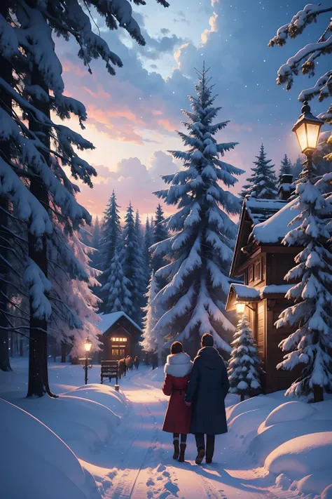 (8k, top quality, masterpiece: 1.4), ultra detail, super resolution, a cute digital illustration of a winter wonderland with lights, ornaments, pine trees, magnificent glow, glowing lights, light particles, magic glow, vintage aesthetic, professional artwo...