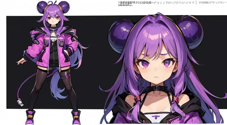 (Best Quality, masutepiece), , 15 yo,Cute, Standing Girl, three view drawing, front, Back and sides, Character Sheet,Full body, Background,Purple hair,Long hair, ciber,Near future,parka,A sexy