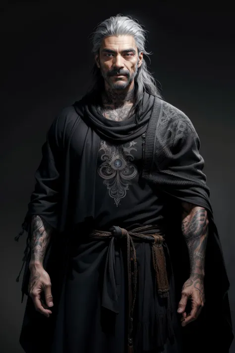 a realistic Mexican man, in his 29 years, with a tattoo on his right arm, eye irises of the same color, very detailed eyes, gray eyes, with gray hair, long hair, wearing a black poncho dress, fractal background, in the background there is Necromancy, dark ...