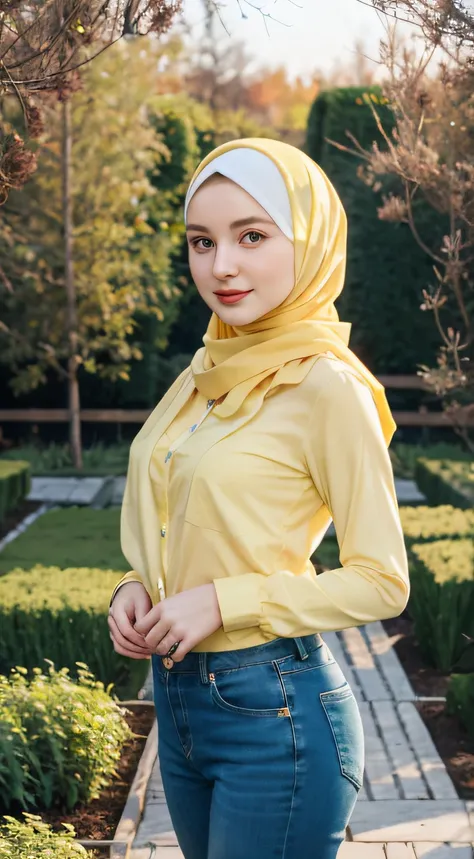 1 Girl, Beautiful, Russian Baby Face, 28 Years Old, White Skin, green Hijab, yellow long shirt, long pants, Big Chest, looking directly at the camera, garden Background, beautiful pose, full body: 1.3))