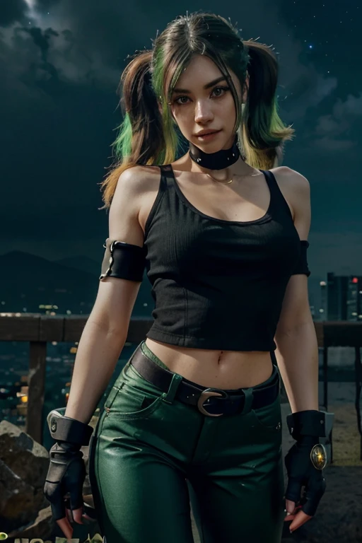 1 woman, (League of Legends style), League of Legends style setting, only, Smile, Looking at viewer, black hair with green highlights, twin tails, deep green eyes, collarbone, bare shoulders, off the shoulder, short sleeves, jacket, green jacket with black...