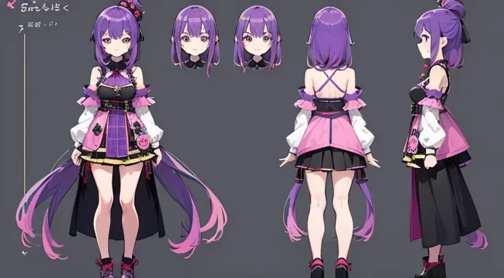 (Best Quality, masutepiece), , 15 yo,Cute, Standing Girl, three view drawing, front, Back and sides, Character Sheet,Full body, Background,Purple hair,Long hair, A sexy,Shoulders are sticking out