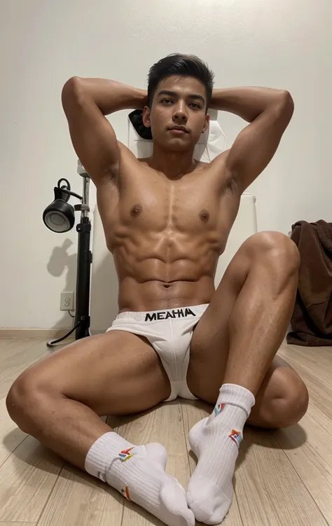 15-year-old boy, Latino, mexicano colombiano, venezolano, indigena, Bragas blancas envueltas, White soccer socks, sat on the floor, legs are open, sudar,desnudez，Abs, cara hermosa, piel morena y tersa , rough breath, Torogao, rubor en la nariz, rubor facia...