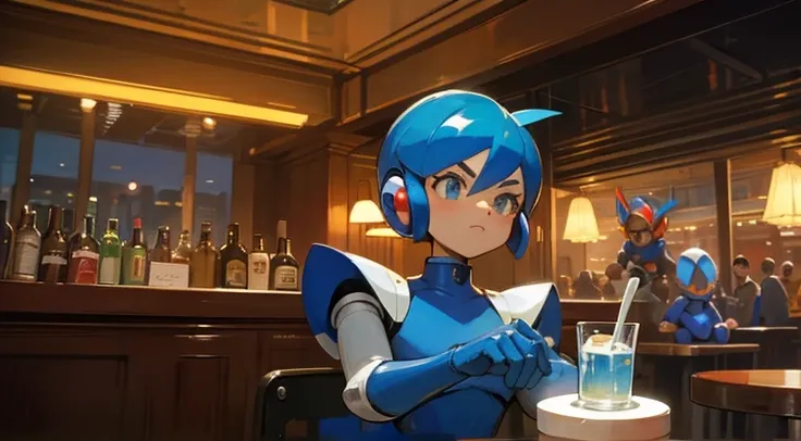 Make the robot megaman in the interior of São Paulo in 1950 in a bar playing samba