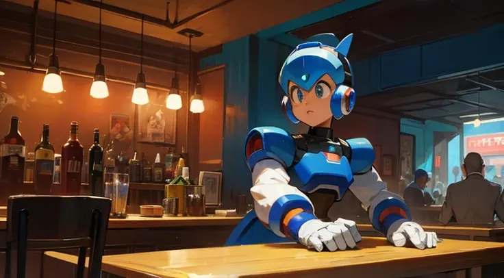 Make the robot megaman in the interior of São Paulo in 1950 in a bar playing samba