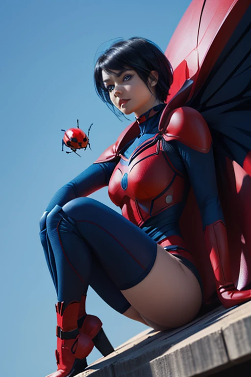 human girl. short dark blue hair and big blue eyes. ladybug superhero. red and black superhero suite, inspired by the insect ladybug. with ladybug wings. full body image. superhero