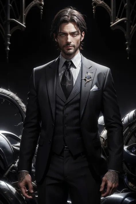 a realistic French man, in his 27 years, with a tattoo on his right arm, eye irises of the same color, very detailed eyes, brown eyes, with Incarnadine hair, short black hair, wearing a suit, fractal background, in the background there are signs crumpled g...