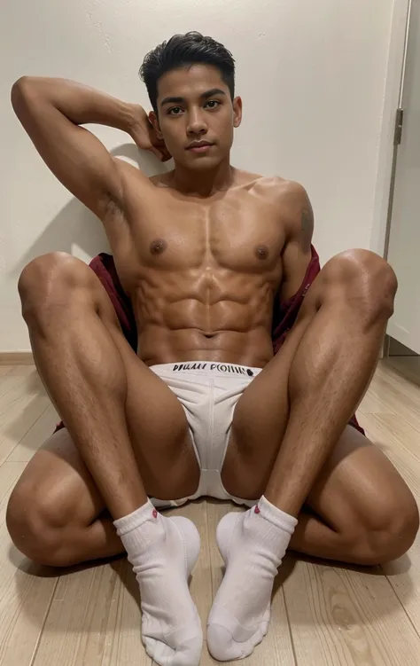 10-year-old boy, Latino, mexicano colombiano, venezolano, indigena, Bragas blancas envueltas, White soccer socks, sat on the floor, legs are open, only two legs, sudar,desnudez，Abs, cara hermosa, piel morena y tersa , rough breath, Torogao, rubor en la nar...