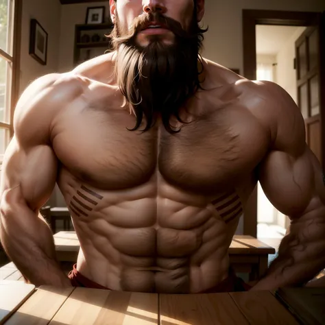 Shirtless man tied down to Table, Bearded, Hairy chest