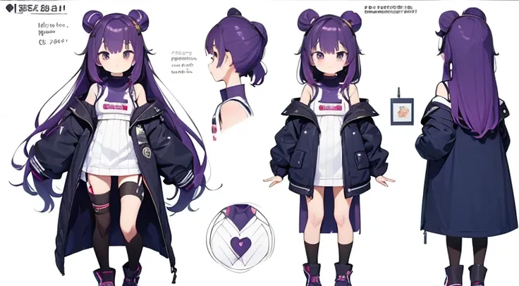 (Best Quality, masutepiece), , 15 yo,Cute, Standing Girl, three view drawing, front, Back and sides, Character Sheet,Full body, Background,Purple hair,Long hair, A sexy,Shoulders are sticking out,jaket,white  clothes,flank,turtle neck