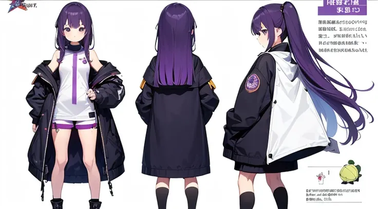 (Best Quality, masutepiece), , 15 yo,Cute, Standing Girl, three view drawing, front, Back and sides, Character Sheet,Full body, Background,Purple hair,Long hair, A sexy,Shoulders are sticking out,jaket,white  clothes,flank,turtle neck