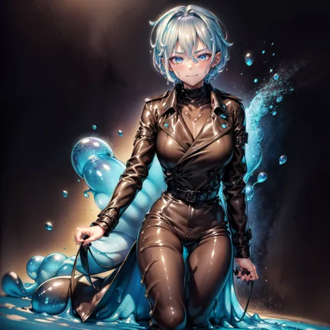 (high resolution), (best quality), (masterpiece), ((HD, 4K)), detailed, ultra detail, intricate detail, androgenous, ((slime-creature)), ((solo_focused)), ((plasmoid)), ((male/female)), silver hair, short hair, mature, handsome, beautiful, ((full body)), t...