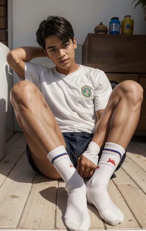 10-year-old boy, Young, boy, teenage, Latino, mexicano colombiano, venezolano, indigena, Bragas blancas envueltas, big bulge, White soccer socks, sat on the floor, legs are open, sudar,desnudez , cara hermosa, piel morena y tersa , Torogao, rubor en la nar...