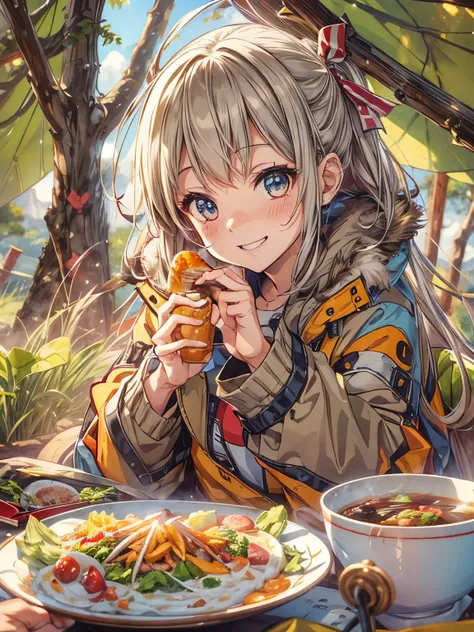 (masutepiece), (Best Quality), ((Super detailed beautiful face and eyes)), Vivid Color, Anime style, Young Woman, Cinematic Angle, Smile, give you food, Hand holding out pose, at the campsite, jaket, Loose Skirt, teepee, Chii, Sun, Warm light,