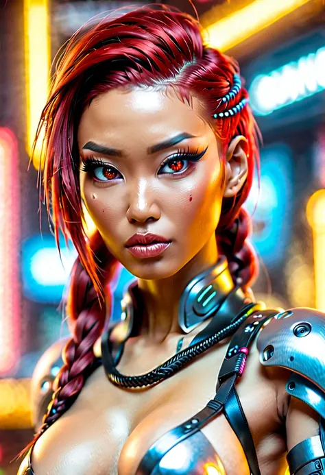 cyberpunk bar, sexy erotic Asian cyborg with braided metallic red hair and glowing eyes, best quality, super detailed, 16k